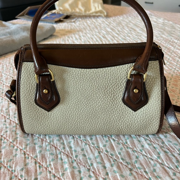 Vintage 80s Dooney & Bourke All Weather Leather Boston Satchel Bag, Cream & Brwn - Picture 5 of 16